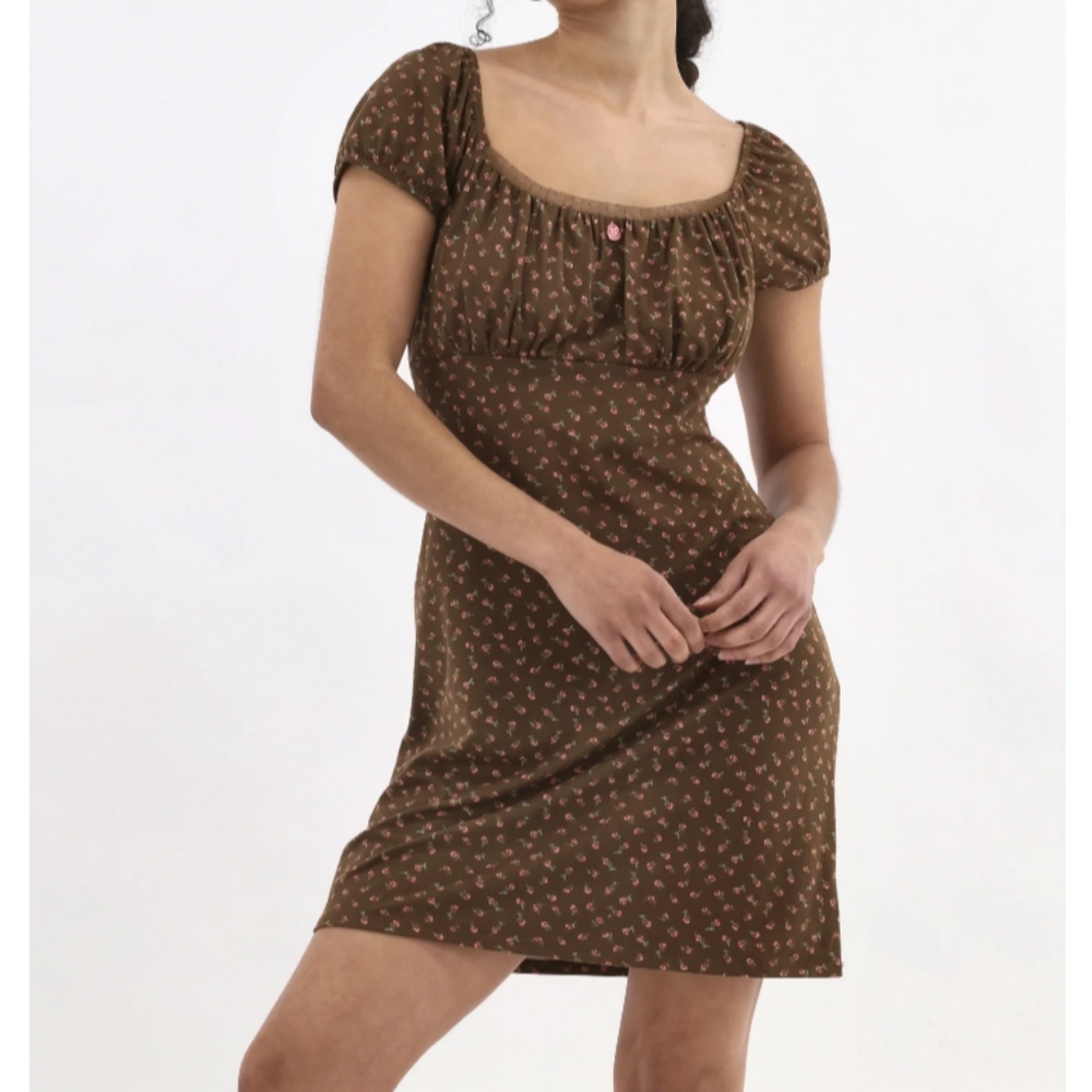 No Boundaries Women's Size L (12-14) Puff Sleeve Mini Peasant Dress Brown Bongo